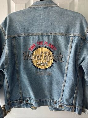 Hard Rock Cafe Denim Jacket - Blue with Gold & Red Embroidered Logo